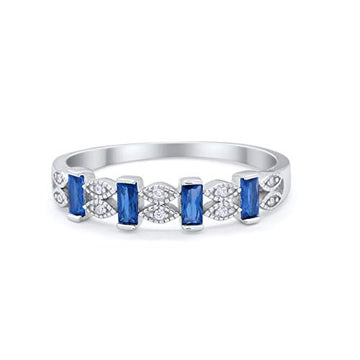 Eternity Baguette Ring Round Simulated Blue Sapphire CZ 925 Sterling Silver